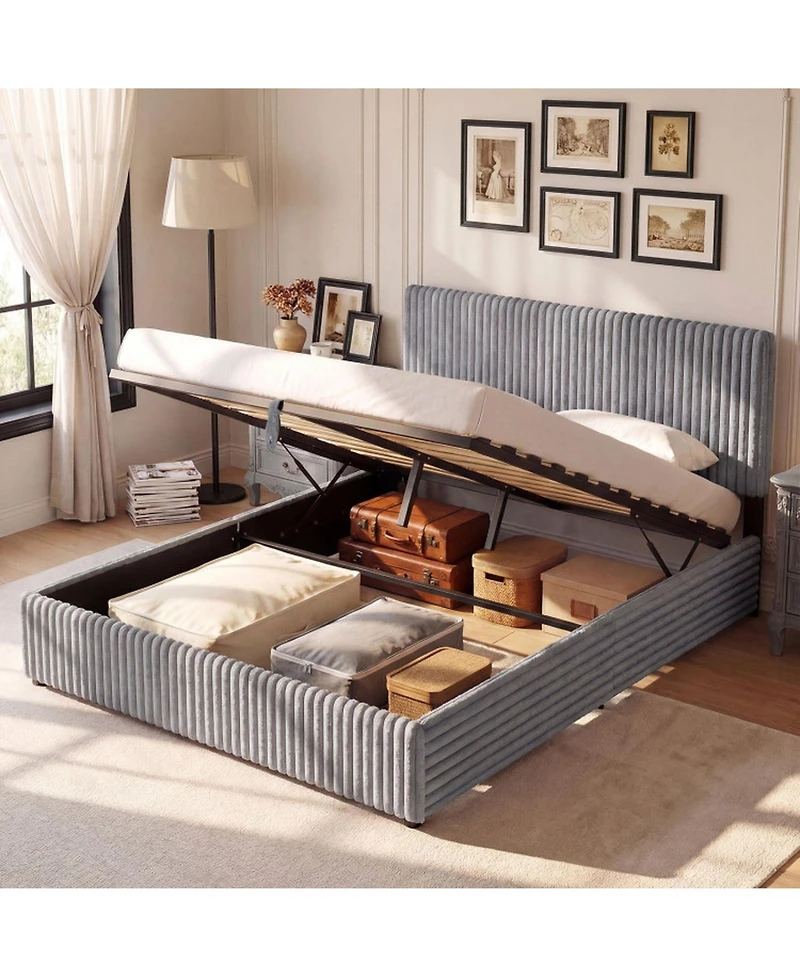 Sugift Queen Size Lift-Up Storage Bed with Upholstered Headboard and Slat Support