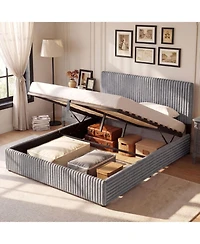 Sugift Queen Size Lift-Up Storage Bed with Upholstered Headboard and Slat Support