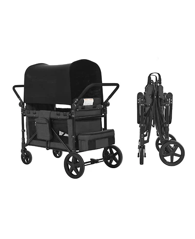 Mountaintop 4-Kid Wagon Stroller, Collapsible Push/Pull Cart with Canopy, Safety Harnesses & Adjustable Handle, 330lb Capacity