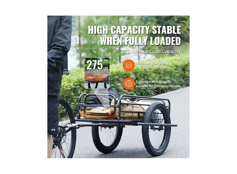 Mountaintop Bike Cargo Trailer, 275 lbs Carbon Steel Frame, 20" Wheels, Quick Hitch, Foldable Cart Fits Most Bikes