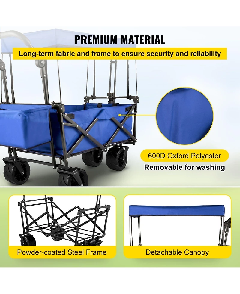 Mountaintop Extra Large Collapsible Garden Cart with Canopy, Rear Storage, Blue Foldable Wagon for Garden, Camping, Grocery, Shopping