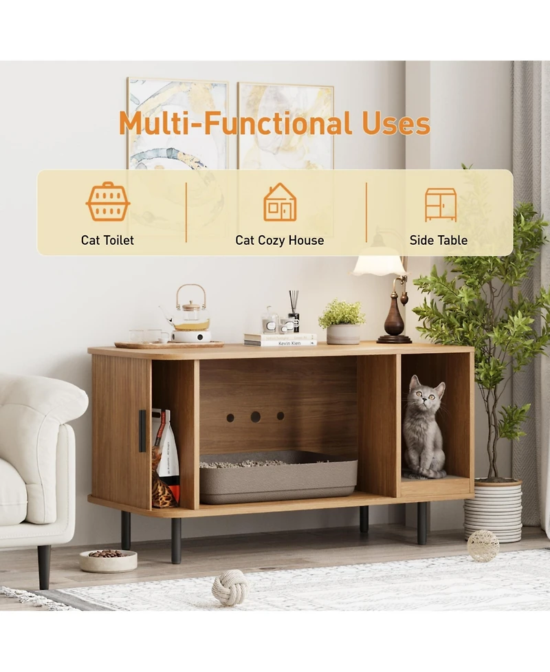 Vabches Cat Litter Box Enclosure with Cat Scratch Pad, Sliding Door, 37.4" Hidden Litter Box Enclosure Furniture, Modern Indoor Cat House