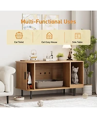 Vabches Cat Litter Box Enclosure with Cat Scratch Pad, Sliding Door, 37.4" Hidden Litter Box Enclosure Furniture, Modern Indoor Cat House
