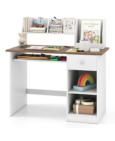 Costway Kids Study Desk, Wooden Writing Table with Keyboard Tray and Drawer,Side Bookshelf