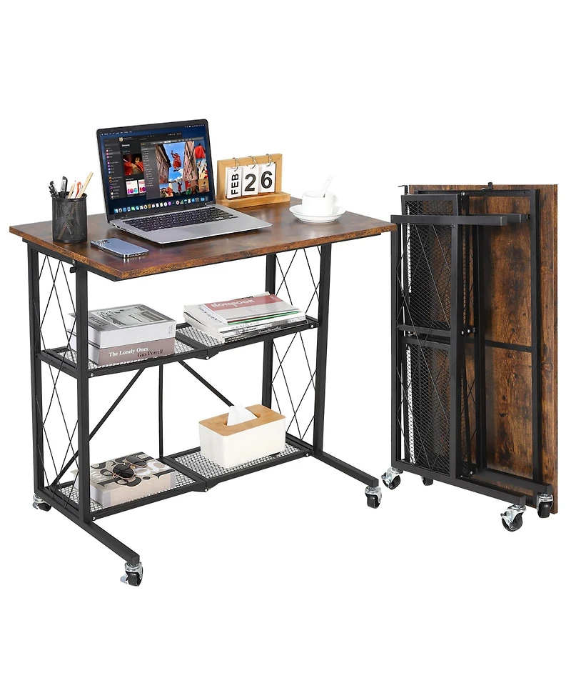 homfan 31.5" 3-Tier Foldable Desk with Wheels – Large Capacity Metal Wire Shelf Rack, No Assembly Organizer for Kitchen and Living Room