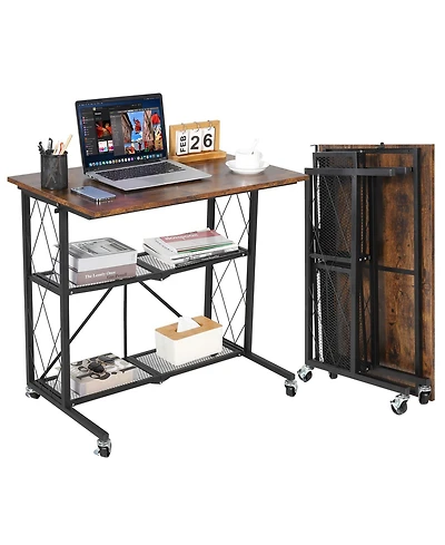 homfan 31.5" 3-Tier Foldable Desk with Wheels – Large Capacity Metal Wire Shelf Rack, No Assembly Organizer for Kitchen and Living Room