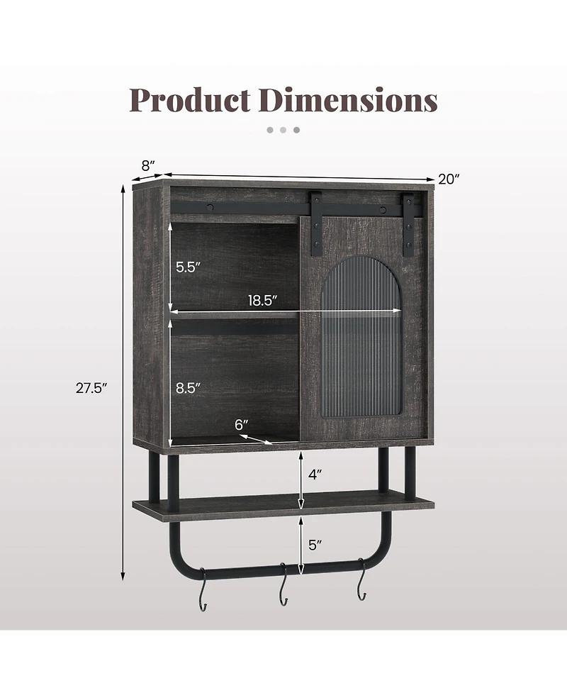 Costway Bathroom Wall Cabinet with Sliding Barn Door Metal Hanging Bar 3 Hooks for Kitchen
