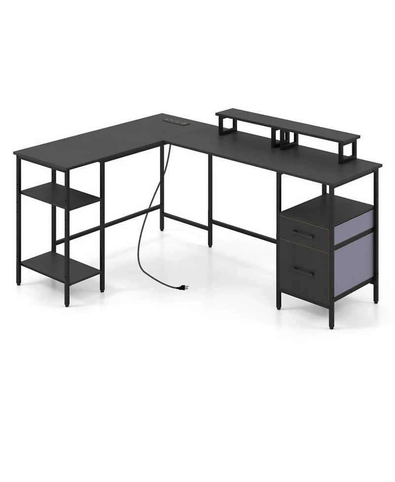 Sugift L-Shaped Reversible Computer Desk With Power Outlet Monitor Stand And 2 Foldable Drawers