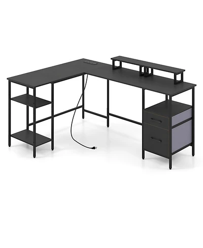 Sugift L-Shaped Reversible Computer Desk With Power Outlet Monitor Stand And 2 Foldable Drawers