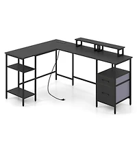 Sugift L-Shaped Reversible Computer Desk With Power Outlet Monitor Stand And 2 Foldable Drawers