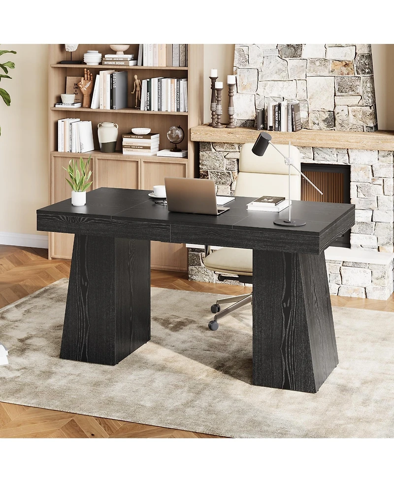 homfan Spacious Modern Computer Desk with Drawers, Writing Table, Storage Shelves for Home Office, Durable Workstation