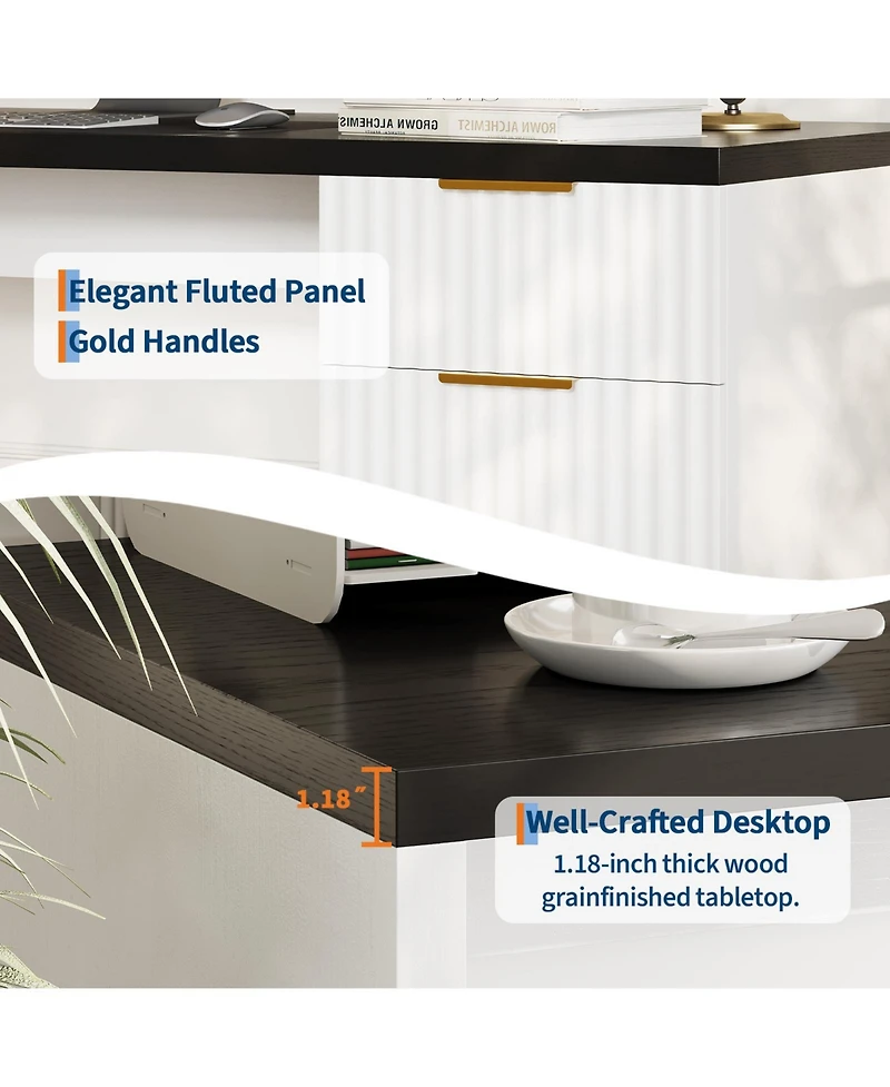 homfan 61" Farmhouse Executive Desk with Power and Usb, Drawers, Fluted Cabinet, Gold Handles, Adjustable Shelf