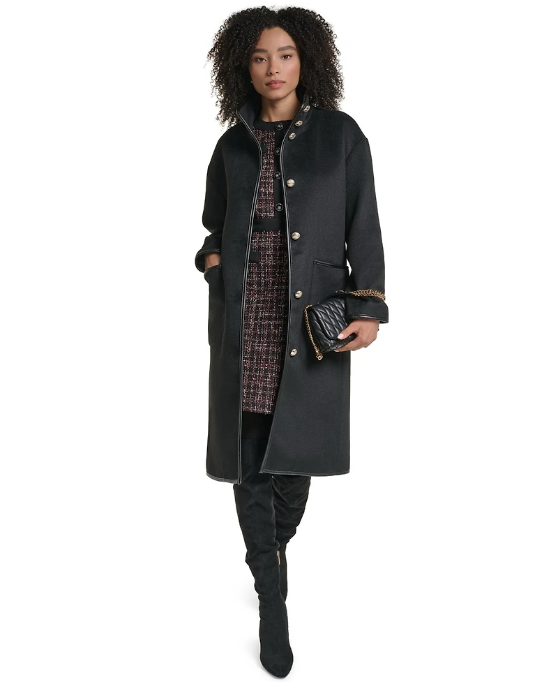 Karl Lagerfeld Paris Womens Double Faced Faux-Leather Trimmed Funnel Neck Coat