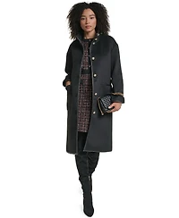 Karl Lagerfeld Paris Womens Double Faced Faux-Leather Trimmed Funnel Neck Coat