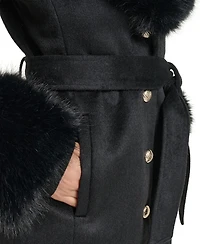 Karl Lagerfeld Paris Women's Fur Trimmed Single Breasted Long Wool Coat