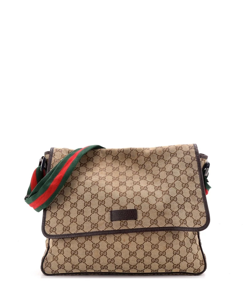 Pre-Owned Gucci Medium Web Strap Flap Messenger Gg Canvas