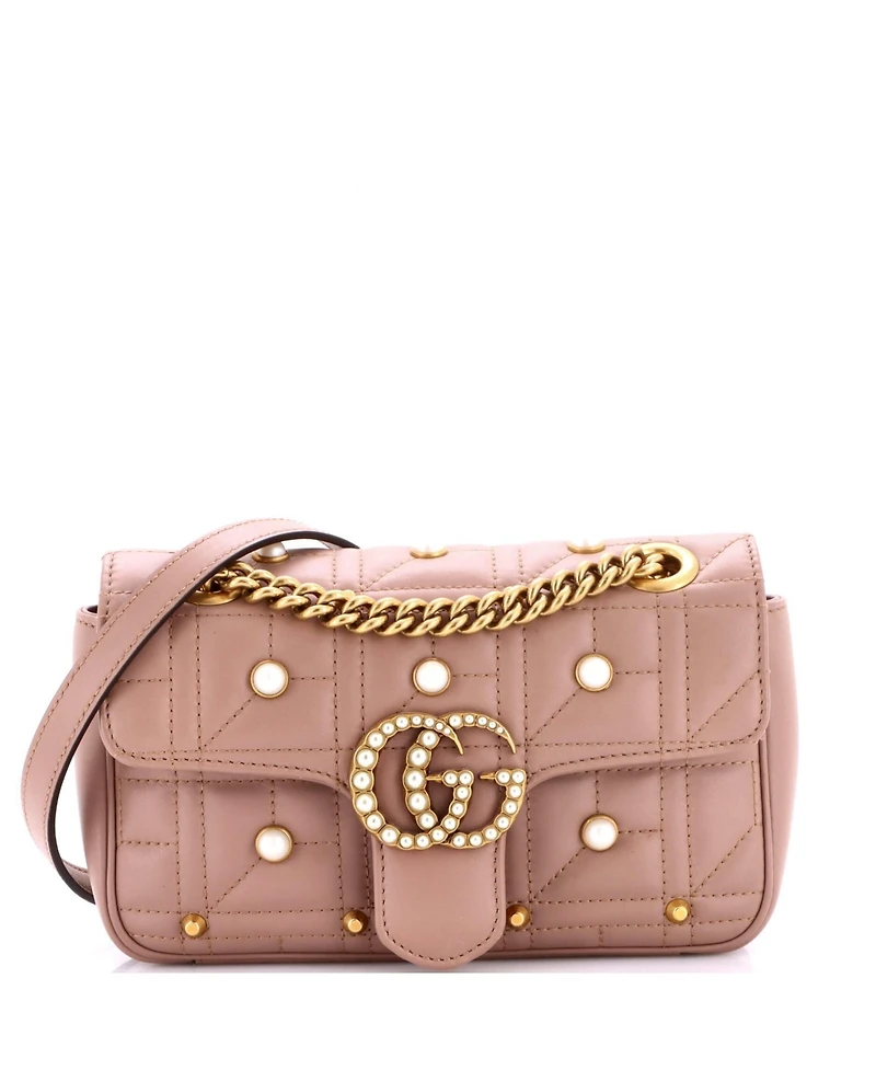 Pre-Owned Gucci Mini Pearly Gg Marmont Flap Bag Embellished Matelasse Leather