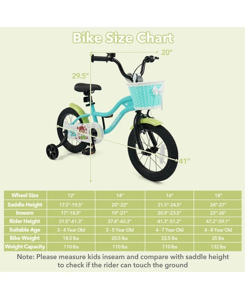 Sugift 12"/14"/16" Detachable Training Wheels Adjustable Kids' Bike, Ages 3+