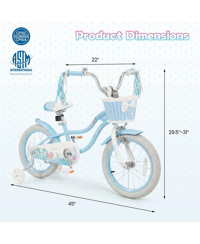 Sugift 16 in Mermaid Adjustable Kids' Bike with Training Wheels, Ages 3-7