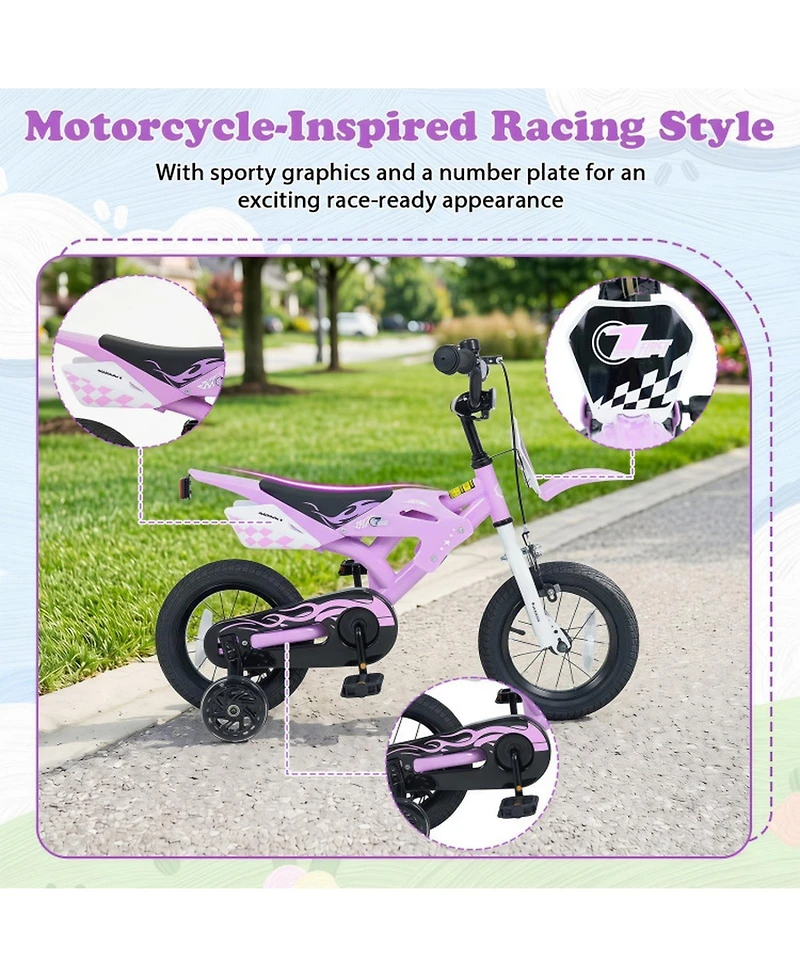 Sugift Kids' 12-Inch Motorcycle-Inspired Bike with Detachable Training Wheels, Ages 3-4