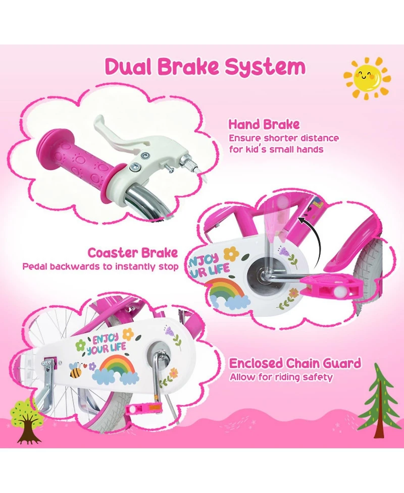 Sugift 14-Inch Adjustable Girls Bike with Dual Brake System and Training Wheels, Ages 3-5