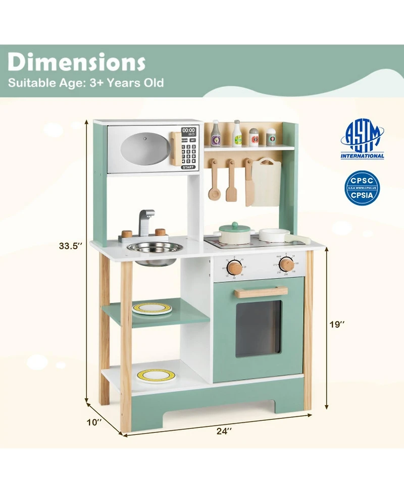 Sugift Wooden Play Kitchen with Chalkboard, 13-Piece Playset, Ages 3+