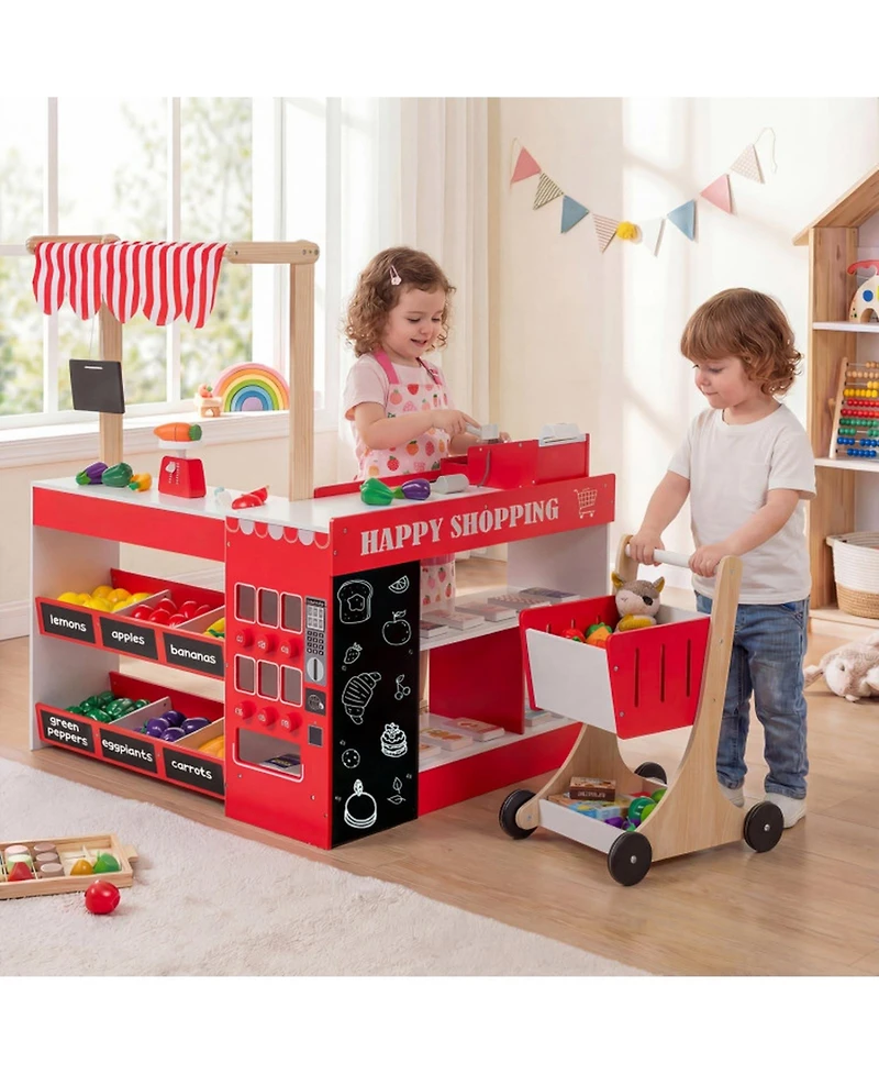 Sugift Wooden Grocery Store Interactive Playset with Shopping Cart, Ages 3+