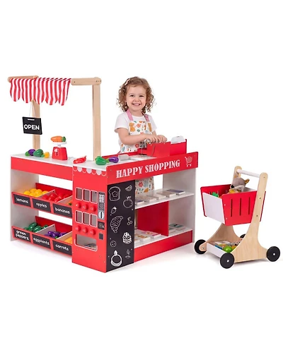 Sugift Wooden Grocery Store Interactive Playset with Shopping Cart, Ages 3+