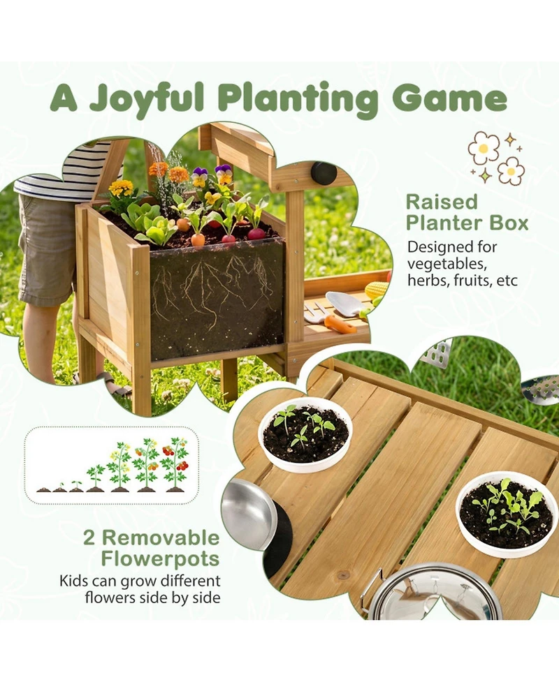 Sugift Wooden Raised Planter Box Mud Play Kitchen with 2 Flowerpots, Ages 3+