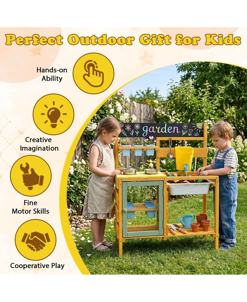 Sugift Wooden 13-Piece Mud Kitchen with Water Tank, Faucet, and 2 Stoves, Ages 3+