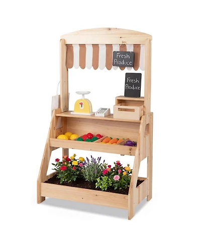 Sugift 2-in-1 Wooden Mud Kitchen and Market Stand 25-Piece Playset, Ages 3+