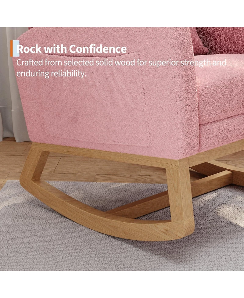 homfan Soft Teddy Fleece Rocking Chair Modern Nursery Glider Chair with Side Pockets and Pillow Extendable Footrest Upholstered Rocker for Living Room