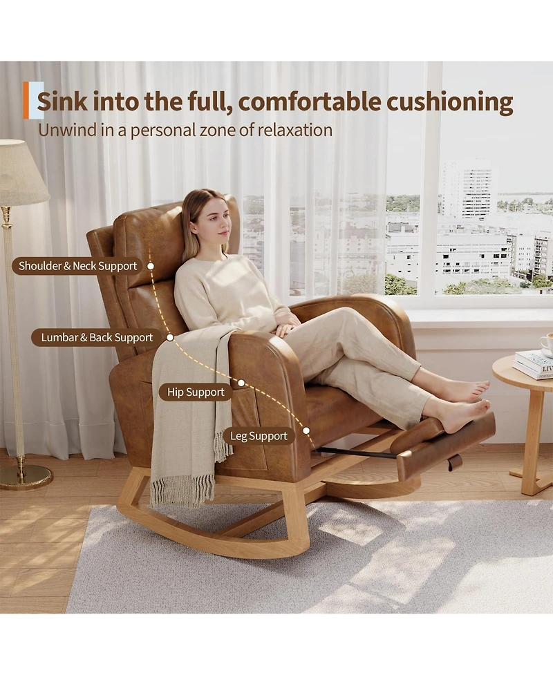 homfan Pu Leather Rocking Chair Modern Nursery Glider Chair with Side Pockets, Pillow Extendable Footrest Upholstered Rocker for Living Room Bedroom