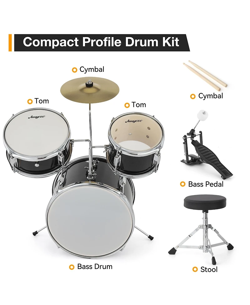 homfan 3-Piece Junior Drum Set for Kids - Complete Percussion Kit with Bass Drum, Tom, Snare, Cymbal, Drumsticks, Pedal and Adjustable Stool