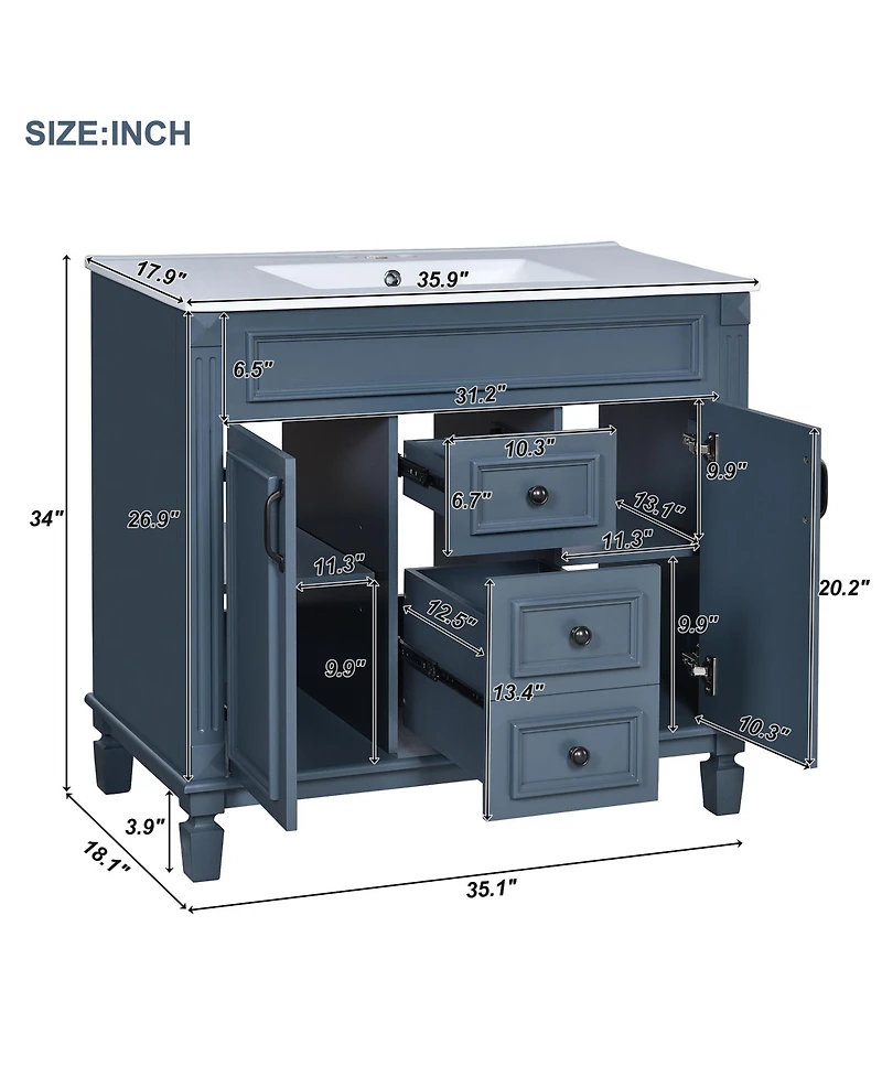 Busdays 36 Inch Bathroom Vanity with Top Sink Modern Storage Cabinet with 2 Soft Closing Doors Single Sink