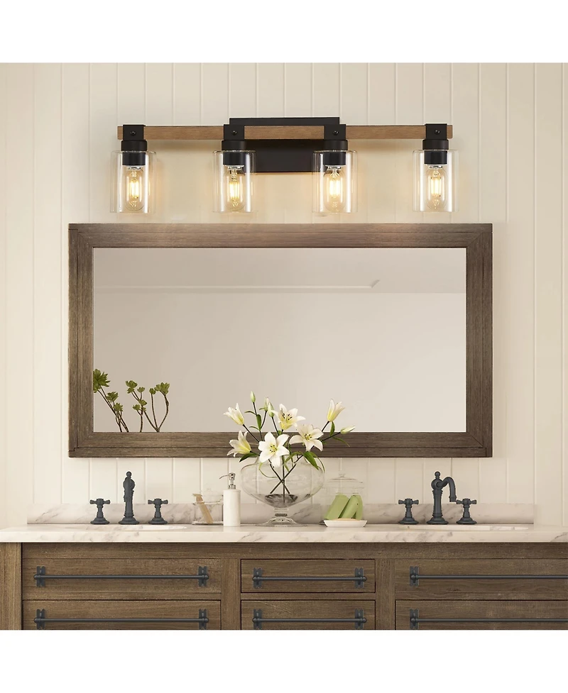 Busdays 4 Light Farmhouse Vanity Light Antique Wood Bathroom Wall Light with Clear Glass Shades for Mirror Bedroom Hallway No Bulbs