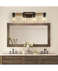 Busdays 4 Light Farmhouse Vanity Light Antique Wood Bathroom Wall Light with Clear Glass Shades for Mirror Bedroom Hallway No Bulbs
