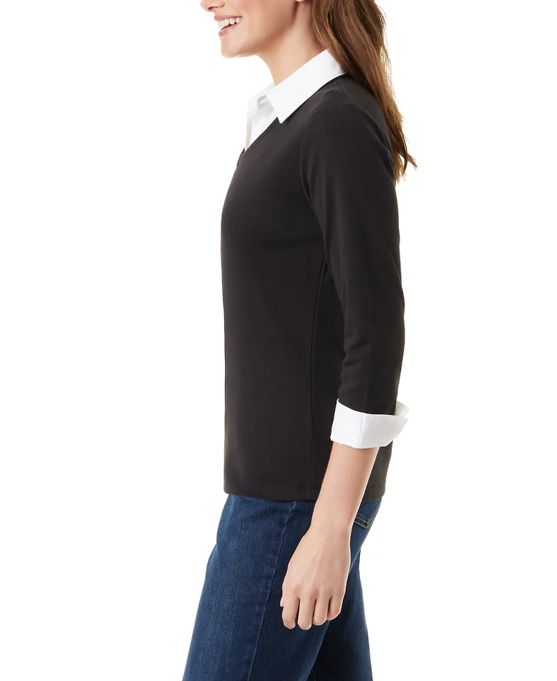 Gloria Vanderbilt Women's Maxine Knit 3/4-Sleeve V-Neck Faux-Layer Blouse