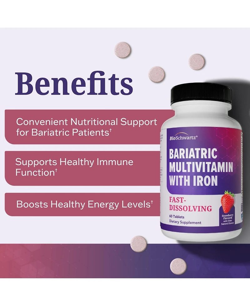 BioSchwartz Bariatric Multivitamin with Iron Chewable Tablets, 60 Count, 30-Day Supply, Daily Multivitamin for Gastric Bypass Support