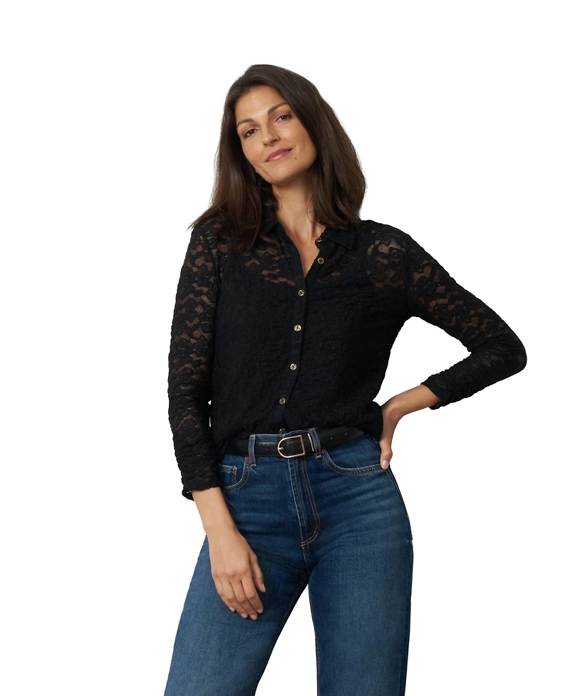 Cable & Gauge Women's Lace Knit Button-Front Top