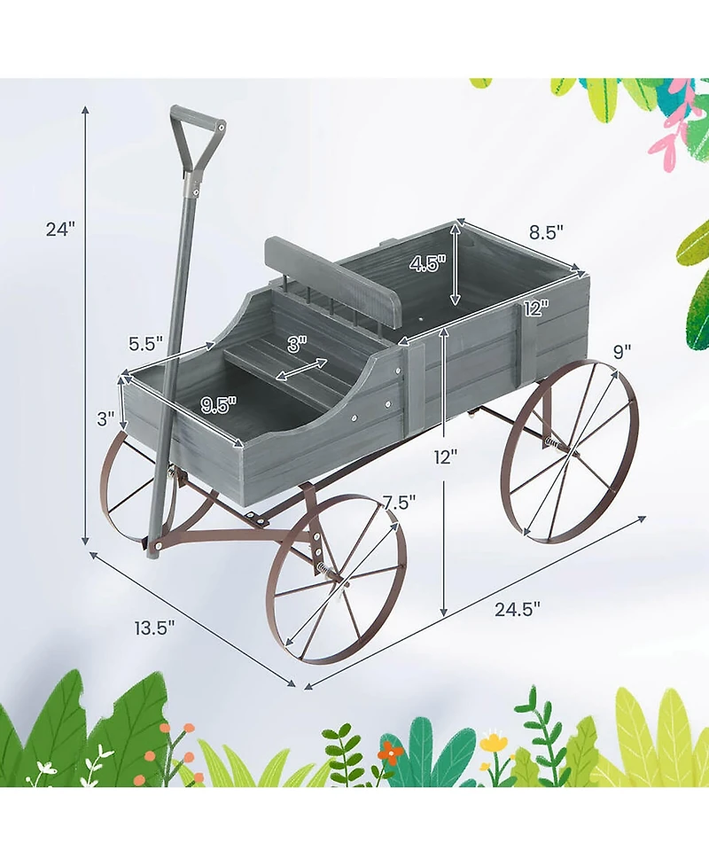 Gymax Patio Wooden Garden Flower Planter Wagon Plant Bed With Wheel Garden Yard