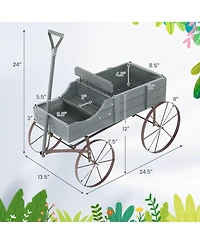 Gymax Patio Wooden Garden Flower Planter Wagon Plant Bed With Wheel Garden Yard