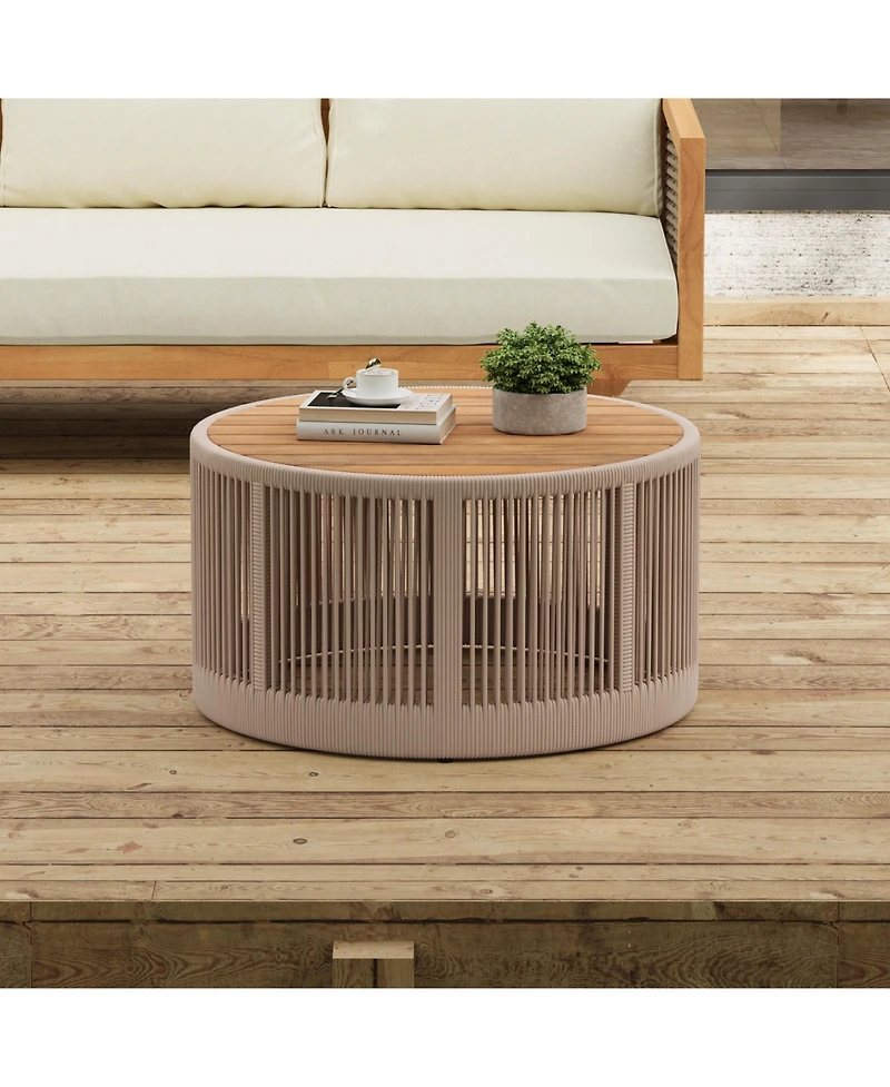 sumyeg Acacia Wood Coffee Table 26 Inch Round Industrial Accent Table with Rope and Iron Frame