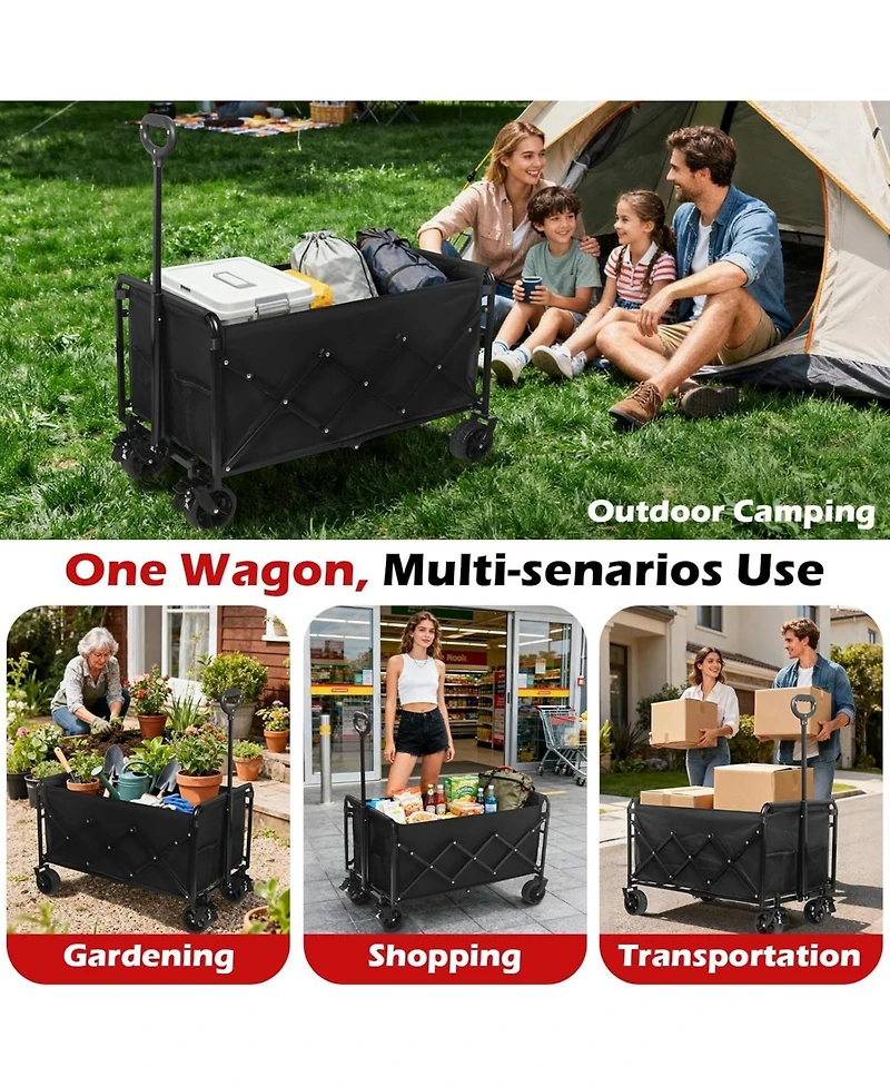 Mountaintop Collapsible Wagons Carts Foldable Wagon, All-Terrain Wheels, 2 Cup Holders, Lightweight Black Cart for Beach, Camp, Sports, Garden