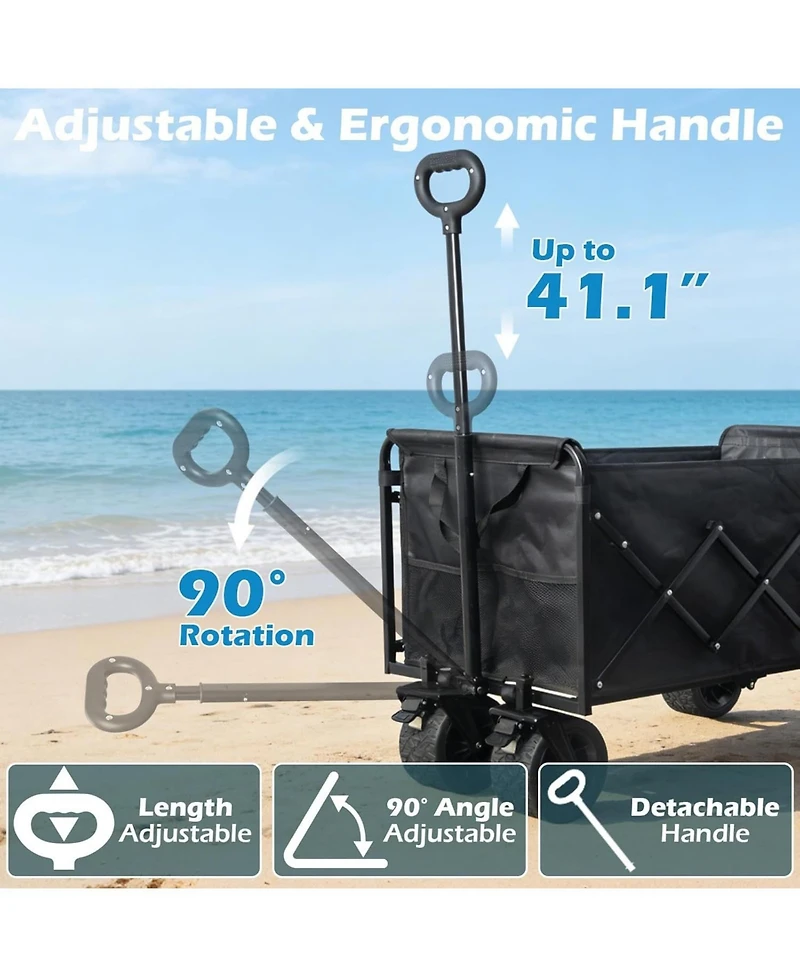 Mountaintop Collapsible Foldable Wagon Cart with All-Terrain Wheels, 360 Lbs Load, 2 Cup Holders, Portable Black Wagon for Beach, Camp and Garden