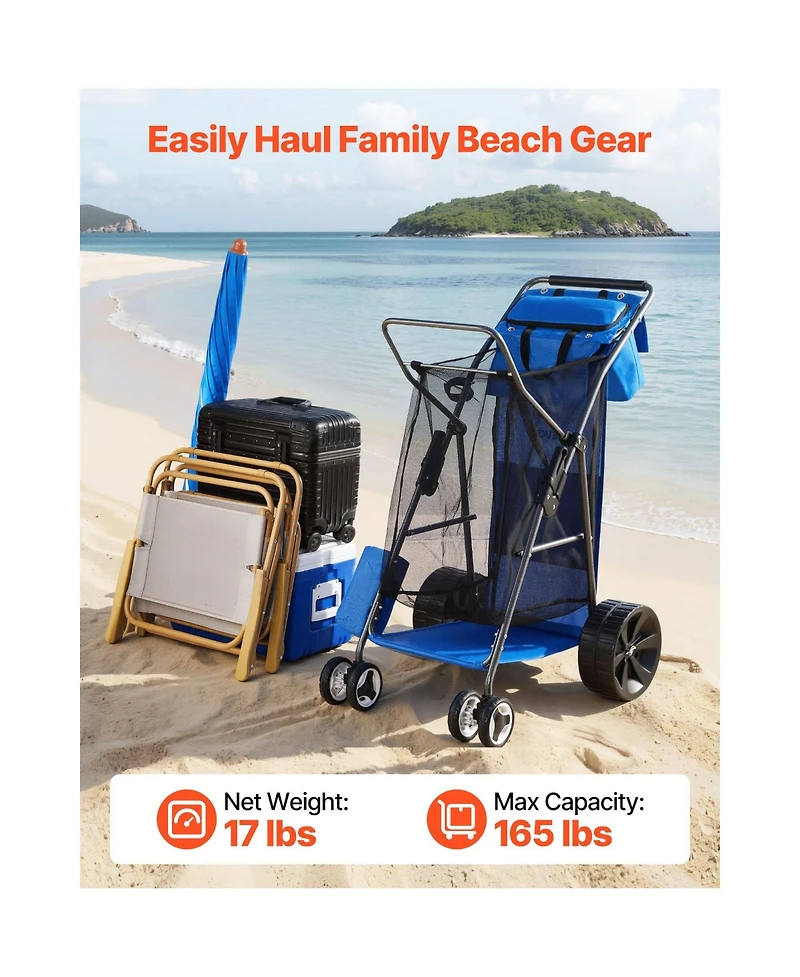 Mountaintop Beach Cart with Sand Wheels, 165 lbs, Solid Wheels, Cooler Bag, Umbrella Holder, Holds 4 Chairs for Camping and Fishing
