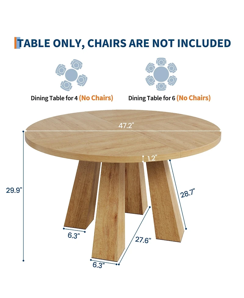 Gaomon Round Dining Room Table for 4-6, 47" Wood Kitchen with Sturdy Base, Farmhouse Circle Tables Living Room, Apartment
