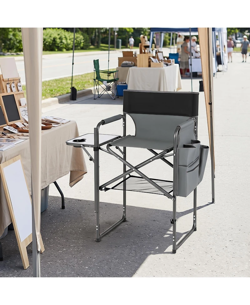 Gymax 26'' Folding Tall Director Chair with Side Table Cup Holders Storage Pockets