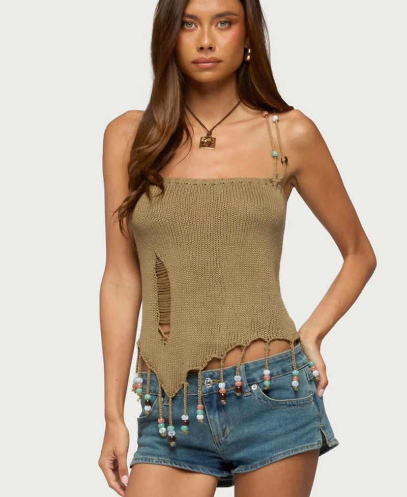 Edikted Women's Fernie Square Neck Bead-Fringe Tank Top