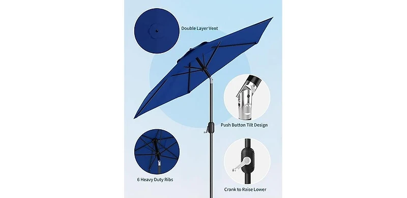 homfan 7.5Feet Market Umbrella - Push Button Tilt and Crank, 6 Ribs, Uv Protection Waterproof for Patio or Garden